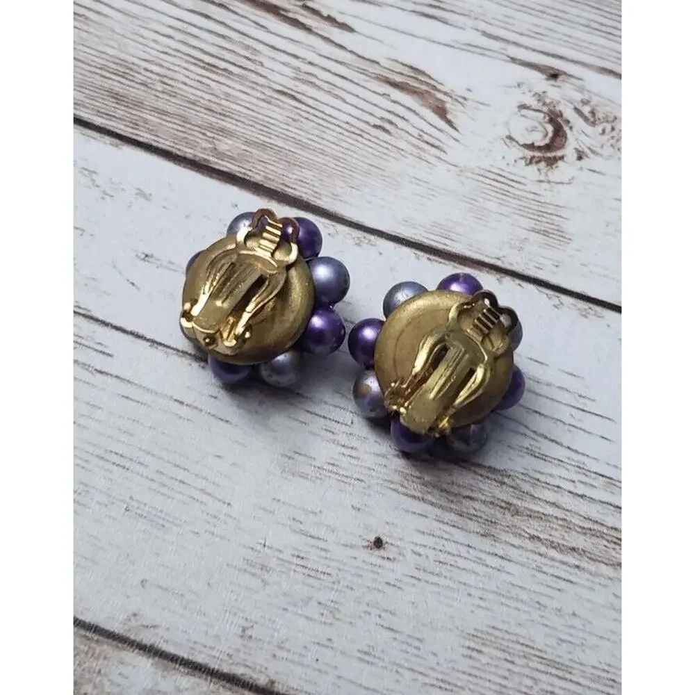 Vintage Clip On Earrings - Violet, Blue & Bronze Tone Cluster